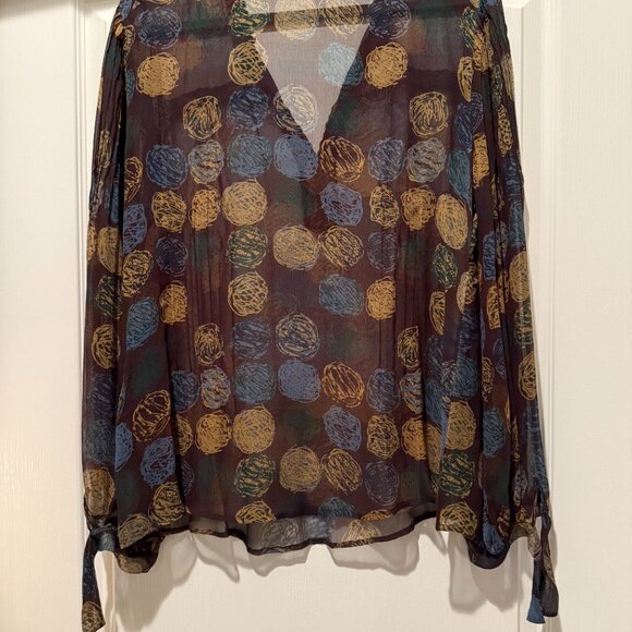 BCBGMaxAzria | Silk + Lace Sheer Patterned Blouse | Brown/Navy | Size: L - Picture 4 of 10